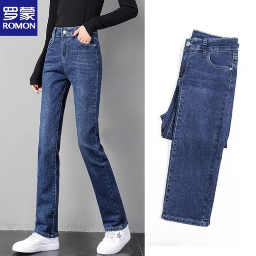 ROMON straight-leg plus velvet thickened jeans for women in autumn and winter new high-waist elastic women's pants large size loose cigarette pants 209 # dark blue plus/velvet straight long/pants 28