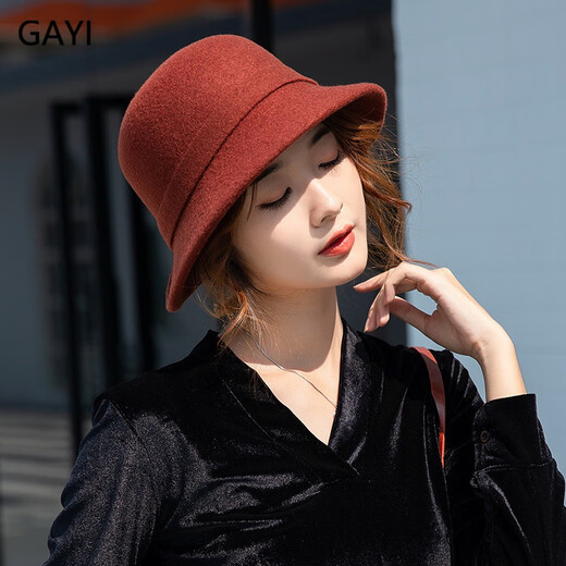 JIASHENGXI wool fisherman hat British hat women's autumn and winter versatile elegant basin hat fashion socialite Hepburn small brim French hat brick red adjustable
