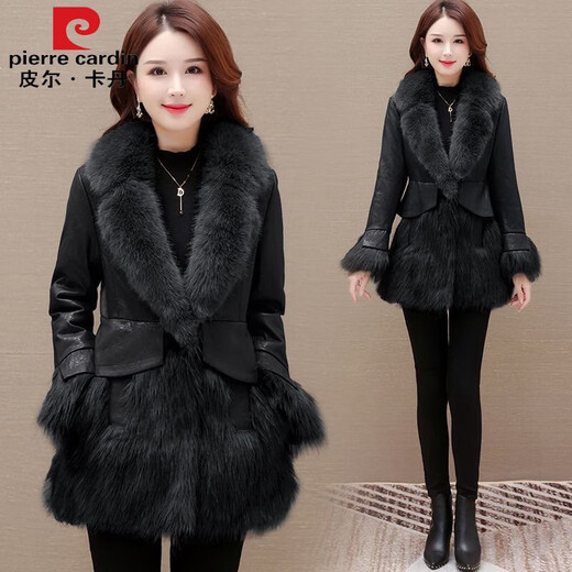 Pierre Cardin leather and wool one-piece parka jacket for women 2024 new autumn and winter fashion age-reducing loose thickened down coat brown coat thickened L