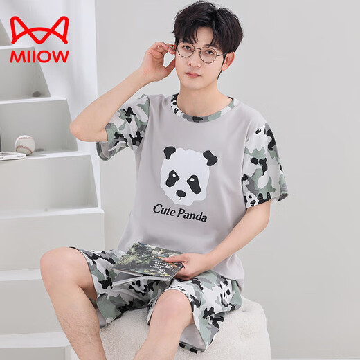 Cat Man (Miiow) reines Baumwoll-Pyjamas Teen loser großer Home-Kleidungs-Set Sommer Kurzarm Cartoon Sommer-Männer Kurzarm Shorts-Q1392 karierte lächelnde Gesicht XL Standard Männer [130-145jin [Jin gleich 0,5 kg]]
