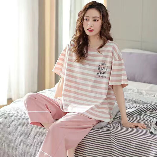 浪莎（LangSha）睡衣女夏季短袖七分裤加大宽松春夏天可外穿卡通可爱家居服套装 短袖七分裤673 3XL _建议135-150斤穿
