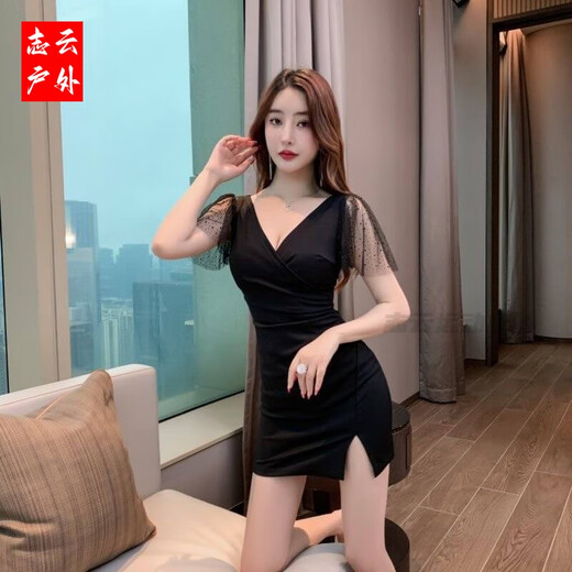 筏芯夜场工作服女夜总会连衣裙女深V礼服足疗足浴技师工作服性感包臀 3893黑色 S  建议80-95斤