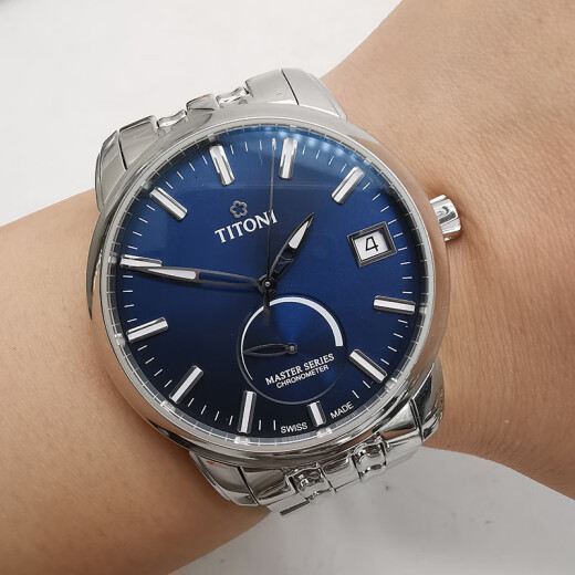 [Second-hand 95 new] Plum TITONI Men's Master Series Men's Mechanical Watch Roman Time Marker Watch Diameter 41mm Blue Disc Steel Power Storage Big Mouth 94388-S-675