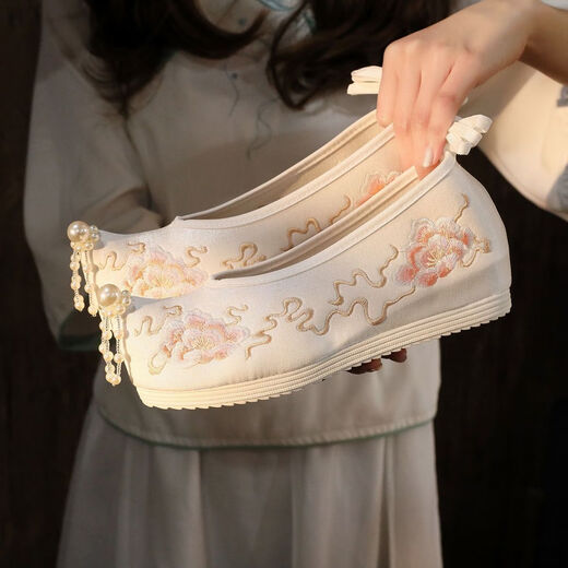 Mofu Hanfu Shoes for Female Students Ancient Style Embroidered Shoes for Women with Hanfu Inner Heightening Ancient Style Shoes Han Element Cloth Shoes Yun Bailian (6.6cm) Pearl White 37