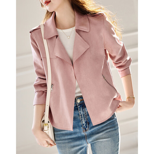 Demana [ausgewählte Wildlederluftschicht] Spring- und Herbst -fähige Kragen- und Handwerks -Schulterschlaufe kleine Frauenjacke