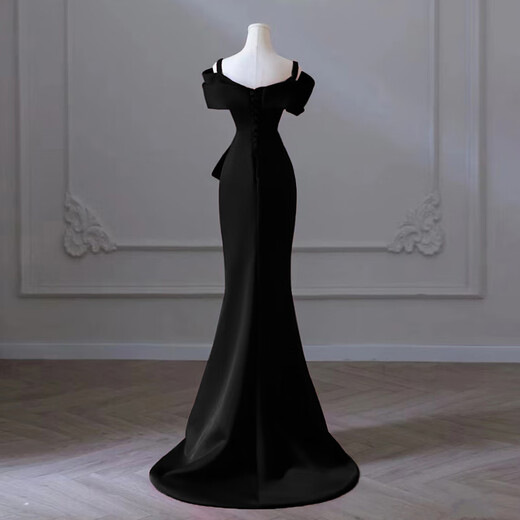 Hong Kong soft adult gorgeous one-shoulder dress art test fishtail black dinner party elegant dress female light luxury niche host black floor-length style XS one-shoulder style one size