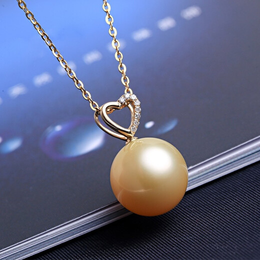 Haitong 18K gold set with diamonds South Sea gold bead pearl pendant single love light gold seawater necklace girl birthday gift light gold A grade / minor flaws 12-13mm