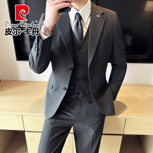 Pierre Cardin Suit Suit Men's Business Professional Formal Wear Groom Wedding Dress Men's Casual Slim Knitted Suit Jacket Fashion Medium Gray (Suit + Pants) 6XL