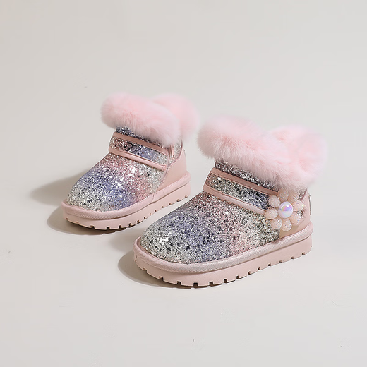 
Muni girls snow boots children's big cotton shoes 2025 new autumn and winter plus velvet fur integrated little girl baby boots Shining small flower pink size 32 size 20.5cm