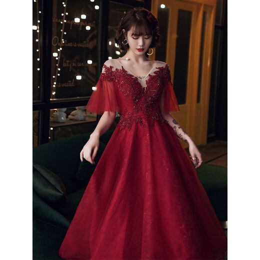 Aurodia toasting suit plus size fat mm slimming 200Jin Jin is equal to 0.5kg belly-covering new fattening banquet temperament evening dress burgundy 3XL 150Jin Jin is equal to 0.5kg -160Jin Jin is equal to 0.5kg