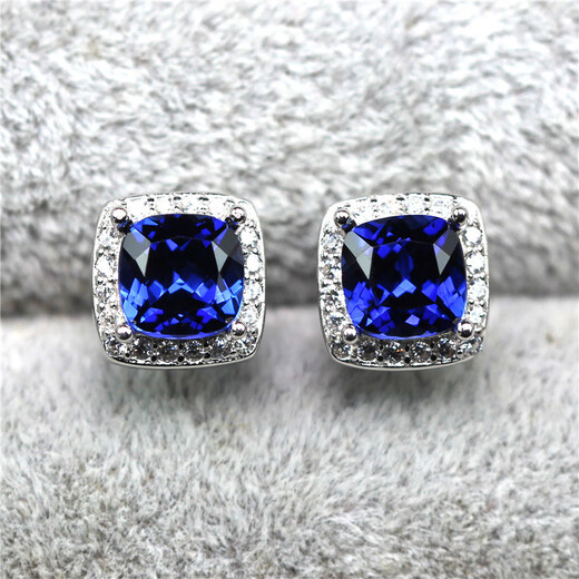 Door guest pillow-shaped square tanzanite sapphire earrings for women sterling silver diamond-set temperament blue tanzanite earrings colored gemstone jewelry white gold / 1 pair