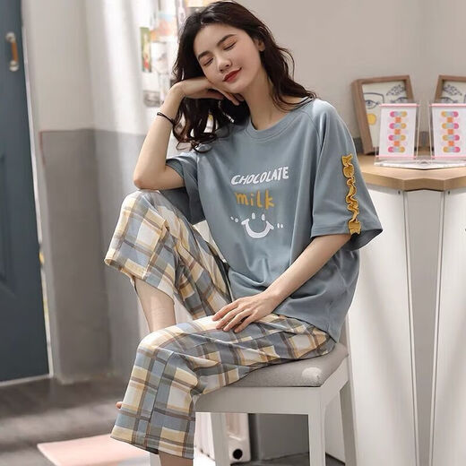 浪莎（LangSha）睡衣女夏季短袖七分裤加大宽松春夏天可外穿卡通可爱家居服套装 短袖七分裤673 3XL _建议135-150斤穿