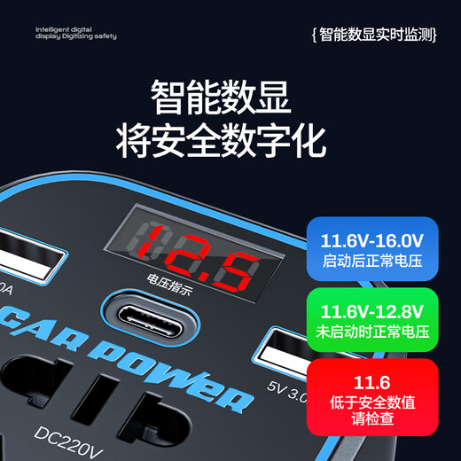 Mengxuan car inverter 12V24V to 220V car charger power converter cigarette lighter fast charging plug socket digital display fast charging car dedicated 12V to 220V 200W high power multi-functional car transformer plug strip