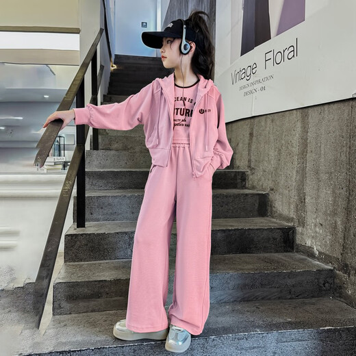 Baleinna Korean Girl Sweatshirt Set Spring and Autumn 2025 New Fashionable Children's Sports Leisure Pants Street Big Children's Three-Piece Set Green (Vest + Jacket + Pants) 160cm