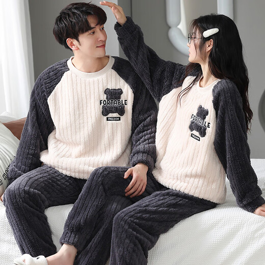 Modal coral velvet couple pajamas winter plus velvet thickening new cartoon men and women can wear home clothes suit L3221 love pullover velvet M female + male L