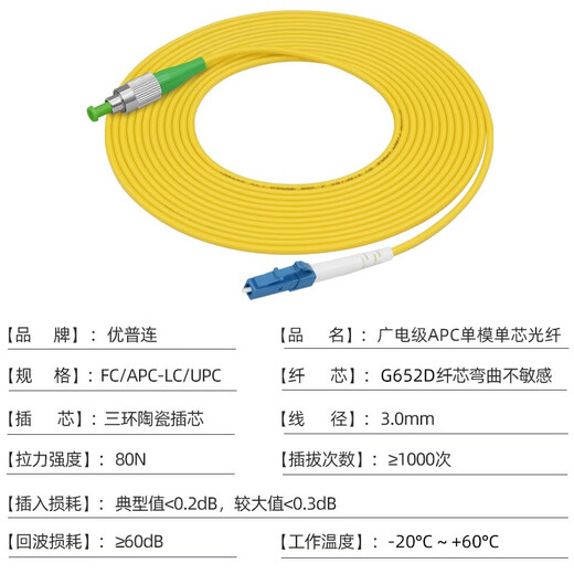 UPlian Broadcast and TV grade APC slant octave single-mode fiber optic jumper SC/APC-SC/FC/LC/ST UPC single core tail fiber optic brazing extension cable cable TV set-top box special single-mode single-core FC/APC-LC/UPC 2 meters