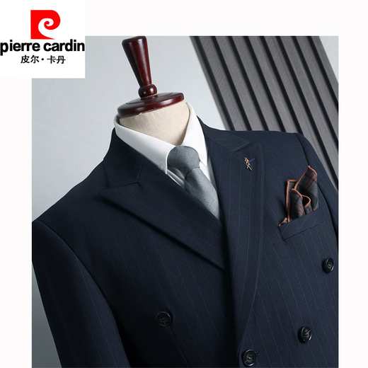 Pierre Cardin light luxury high-end brand men's clothing groom's suit striped double-breasted suit men's British retro business casual formal wedding dress suit versatile new knitted black single top 48/M