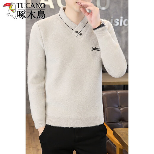 Woodpecker (TUCANO) Men's Sweater Autumn and Winter New Henley Collar Soft Wax Pullover Sweater Thickened Warm Imitation Mink Velvet Bottoming Sweater White M
