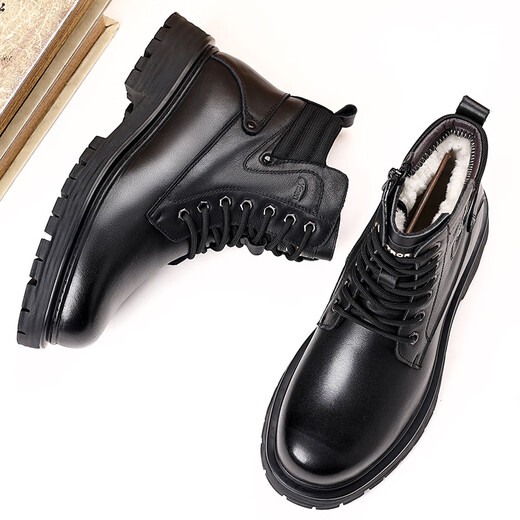 Zuomu Lion Head Layer Cowhide Army 3519 Martin Boots Men's Winter Plus Fleece Military Hook High-top Cotton Leather Boots Wool Warm Snow Boots Black [Top Cowhide Sheep Fur Integrated] 42