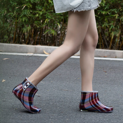 傲列日韩春夏通用成人雨鞋女款短筒雨靴水鞋纽扣低帮水靴胶鞋雨鞋 红纹 38