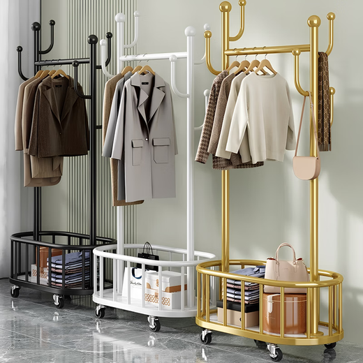 Nifeng clothes hanger floor-standing bedroom clothes hanger removable wheeled household simple coat rack indoor room clothes drying rack light luxury gold 55cm 4-hook mesh basket