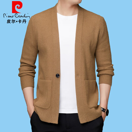 皮尔卡丹羊毛针织衫秋季新款男士羊绒开衫V领纯色毛衣休闲外套百搭 黑色 3XL 185