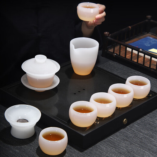 Xiangdu Glazed Tea Set Covered Bowl Set High-end Home Office Reception Kung Fu Tea Set Tea Bowl Tea Cup Tea Leak Fair Cup White Jade Glazed-Safe Packaging 9 Pieces