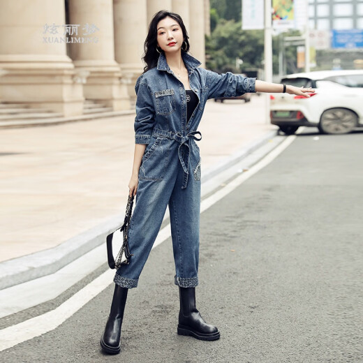 Dazzling Dream Workwear Handsome Denim Jumpsuit Women 2021 New Korean Style Spring and Autumn Loose Western Style Jumpsuit Pants Suit Picture Color XL