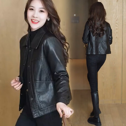 Yi Ling Short Leather Jacket Women's Autumn 2025 New Style Versatile Fashionable Washed Leather Jacket Top Coat Women Black L 100-110Jin Jin is equal to 0.5 kg