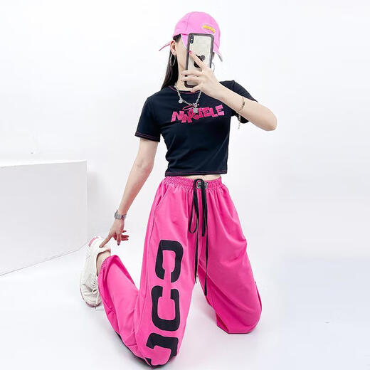 熊司令小个子爵士舞套装广场舞蹈kpop跳舞套装女夏爵士舞服装运动穿搭街 386黑短袖+1049玫红裤子 均码 s