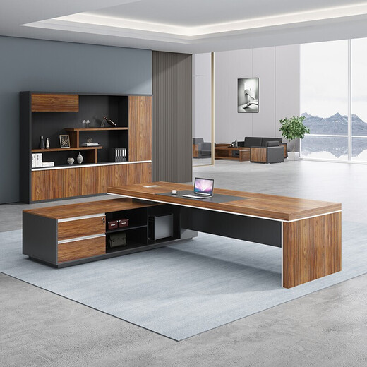 Checked Wood Checked Wood Boss Desk Office Modern Fashion Simple Supervisor Desk Manager Desk Large President Desk and Chair File Cabinet Walnut Color 1.8 Meter Boss Desk + Reclining Boss Chair