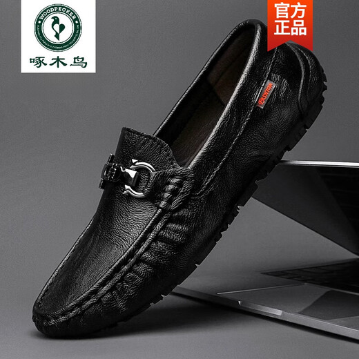 Woodpecker brand men's shoes 2025 summer new youth beanie shoes men's genuine leather British trendy leather shoes men's breathable shoes black metal buckle summer hole 9905 42 feet length 26cm