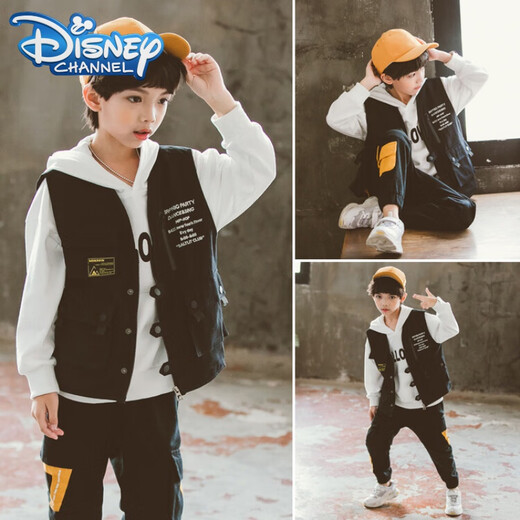 迪士尼（Disney）男童工装风马甲秋装2024新款儿童洋气背心中大童男孩韩版马夹外套 黑色 160cm