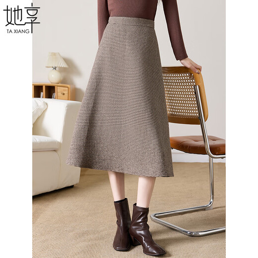 She enjoys woolen skirt female Maillard plaid woolen A-line skirt retro mid-length umbrella skirt T144B6003