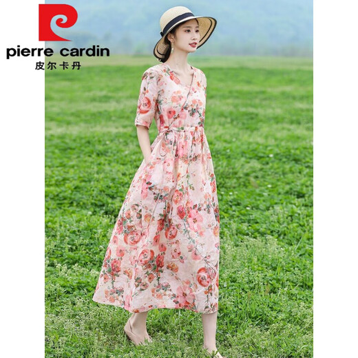 Pierre Cardin Estilo retro étnico Falda larga para mujeres Summer Reducir Madre M Mother traje de encaje de encaje que abraza el vestido de lino de algodón para el algodón de algodón 683 rosa 3xl