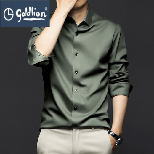 GOLDLION G+ men's long-sleeved no-iron business mulberry silk shirt 2025 silk high-end drape plus size shirt west gold S 38 (recommended 80-120 Jin Jin equals 0.5 kg)