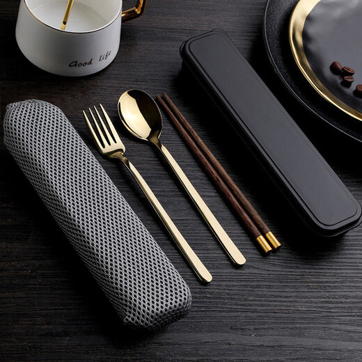 Shihua 304 stainless steel spoons, forks, chicken wings, wooden chopsticks four-piece set, student and adult travel boxed portable tableware