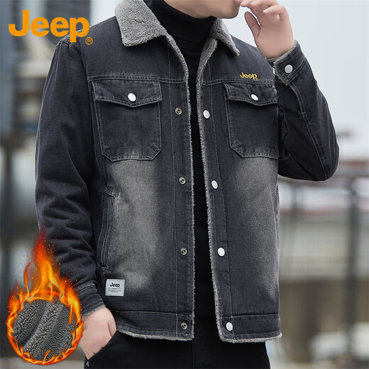 Jeep (JEEP) coat men's autumn and winter loose velvet warm denim jacket men's casual clothes men's black XL