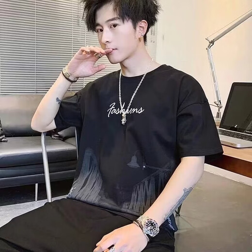 Mu Zangba short-sleeved T-shirt for men's summer thin ins printed half-sleeved round neck T-shirt for men's slim body half-sleeved top 829 white 2XL (140-155)Jin[Jin equals 0.5 kg]