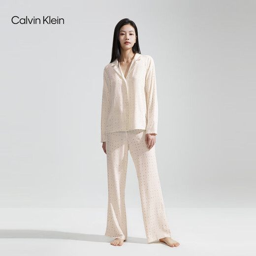 Calvin Klein内衣【七夕礼物】秋季女士ck满印半松紧休闲家居长裤睡裤QS6850 LNB-牛乳白 XS