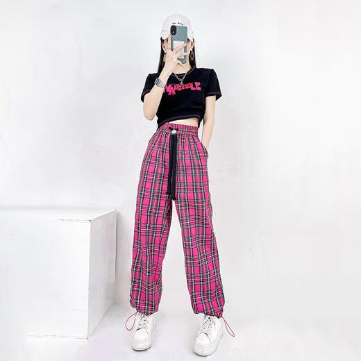 熊司令小个子爵士舞套装广场舞蹈kpop跳舞套装女夏爵士舞服装运动穿搭街 386黑短袖+1049玫红裤子 均码 s