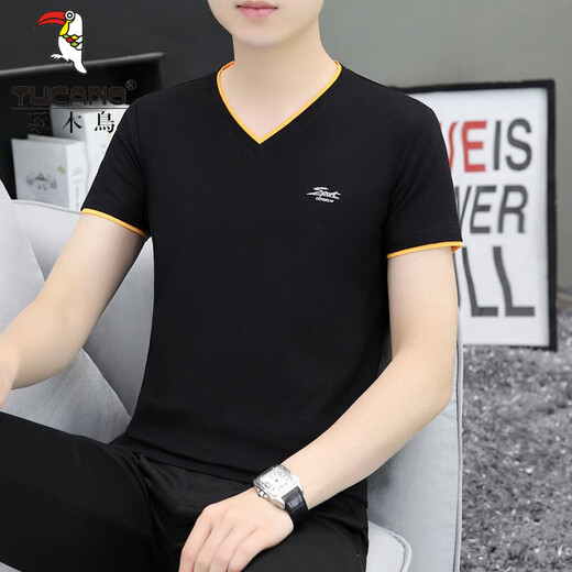 啄木鸟（TUCANO）冰丝短袖t恤男士2025年新款短袖体恤衫男潮流夏季薄款V领衣服男装 691黑色 L