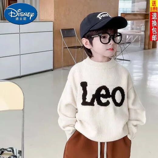 迪士尼（Disney）儿童毛衣韩版男童上衣百搭宝宝针织衫女童套头圆领毛线衣潮流外套 黑色加绒加厚一体绒【男女提花LE 130
