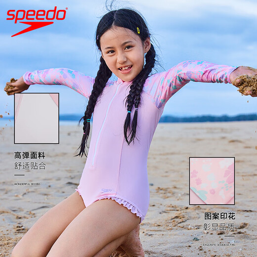 Speedo Hualala series children's printed long-sleeved sun protection soft one-piece swimsuit for girls 24 new seaside surfing swimsuit pink all-inclusive design, effective sun protection 120-130cm 7-8 years old