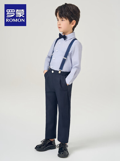 Romon-Jungen-Kleidungsanzuganzug Blumenjunge Britische Host Overalls Klavier Performance Anzug kurzärmeliges Hemd + Hose + Riemen [GIVEAWAY BUG KNAIN] 120