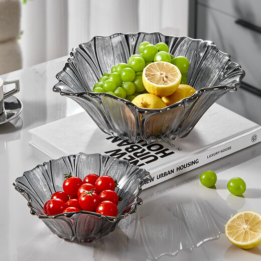 Yagang household glass fruit plate, living room coffee table, high-end plate, exquisite and beautiful crystal large high-end snack plate (large size) smoky gray fruit plate