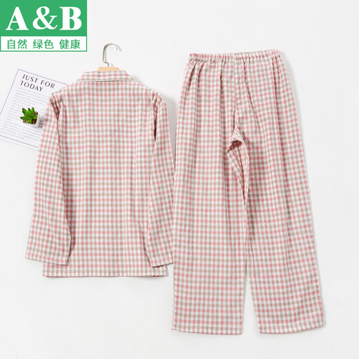 AB睡衣女夏纯棉长袖长裤两件套情侣男薄款春秋全棉格子家居服套装 G761 女士-深粉格子 L