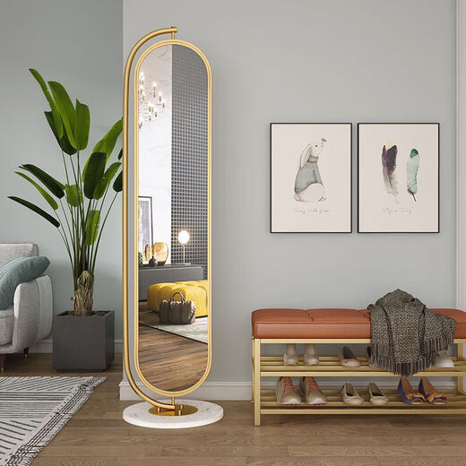 Baiyuda Nordic light luxury dressing mirror floor-standing full-body mirror Internet celebrity ins rotating fitting mirror home bedroom multi-function mirror with storage hook [Light luxury gold] white marble
