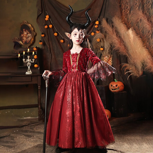 Xiao Ka Yi Nong Halloween children's costume girl dress character little girl dance cosplay witch vampire costume Halloween burgundy costume + hat + shawl 140