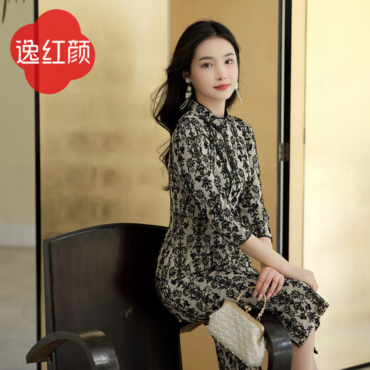 E.Beauty Dongye 2025 autumn new product new Chinese style light national style flocked cheongsam slim temperament dress for women Yahei L